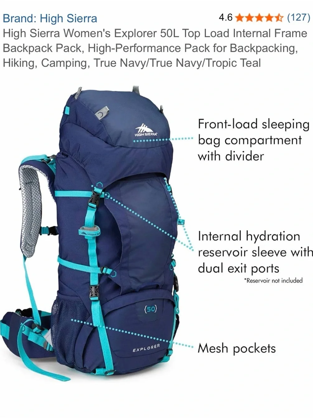 High Sierra True Navy/Tropic Teal Women's Explorer 50L Backpack